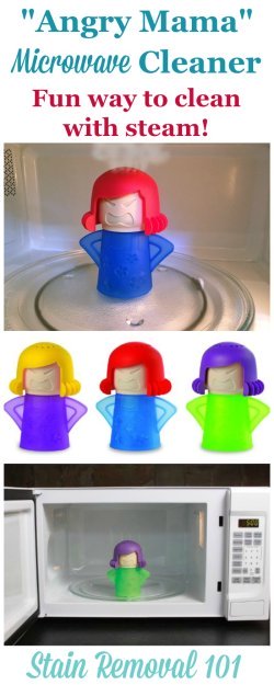 A very simple way to clean your microwave is to use the power of steam, combined with either vinegar or lemon juice, to loosen splatters and spills and make them easy to wipe away. This cute little 'Angry Mama' microwave cleaner makes it not only simple, but fun, as she lets steam out of her head.