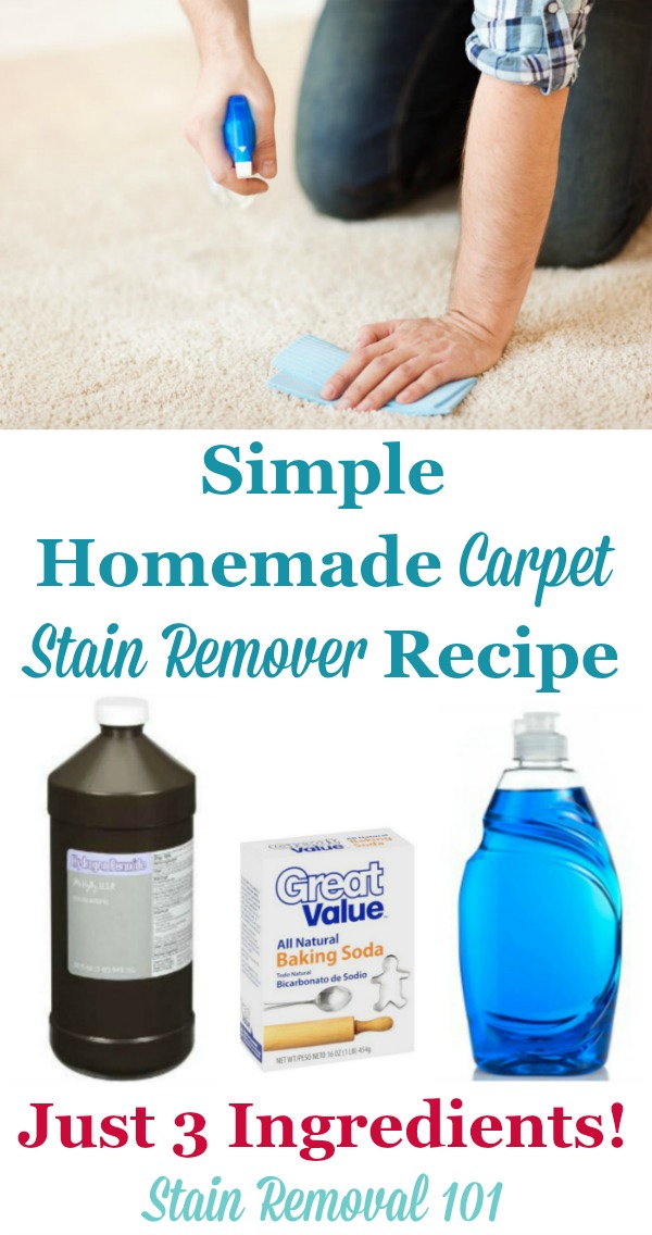 Super simple homemade carpet stain remover recipe with only three ingredients! It's frugal, and works well on lots of different types of stains {on Stain Removal 101}