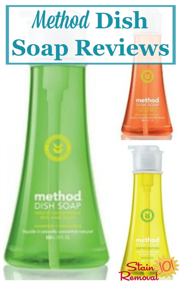 Here are reviews of Method dish soap, in various scents, sharing how it works and also about how the pump dispenser works for them {on Stain Removal 101} #MethodDishSoap #MethodCleaningProducts #NaturalDishSoap
