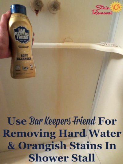 How Bar Keepers Friend liquid works for removing hard water stains and orangish colored deposits on shower walls and floors {on Stain Removal 101} #BarKeepersFriend #ShowerCleaning #HardWaterStains