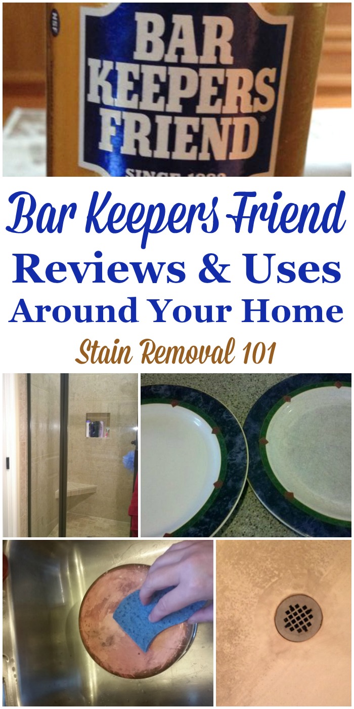 Lots of reviews and uses of Bar Keepers Friend, explaining the many ways you can use this powder cleanser to clean parts of your home, such as in your kitchen, bathroom and more {on Stain Removal 101} #BarKeepersFriend #CleaningTips #Cleaner