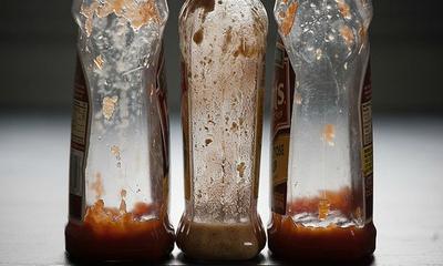 Almost empty ketchup bottles