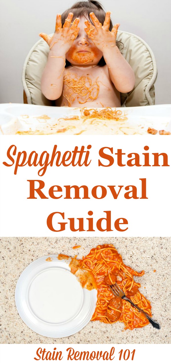 Step by step instructions for how to remove spaghetti stains caused by tomato based sauces, from clothing, upholstery and carpet {on Stain Removal 101}