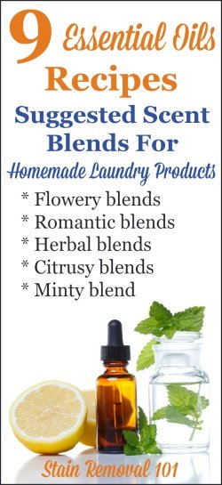 Essential oils recipes for homemade laundry supplies, including 9 suggested blends including flowery, romantic, herbal, citrus and minty varieties {on Stain Removal 101}