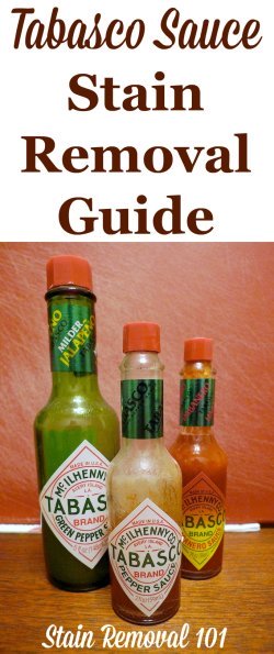 Tabasco Sauce stain removal guide, with step by step instructions, for clothing, upholstery and carpet {on Stain Removal 101}