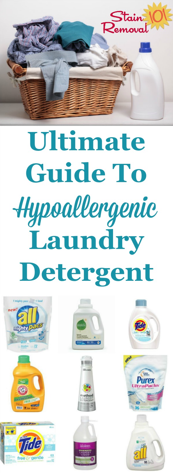 The ultimate guide to hypoallergenic laundry detergent, with a list of scent and dye free laundry soaps available, plus reviews related to both allergic reactions plus how well they clean clothes {on Stain Removal 101} #HypoallergenicLaundryDetergent #HypoallergenicDetergent #LaundryDetergent