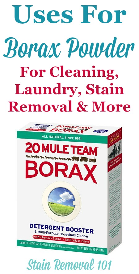 Article, plus round up of uses for Borax powder around your home, for cleaning, laundry, stain removal, odor control, as an ingredient in homemade cleaner recipes, and even for pest control {on Stain Removal 101}