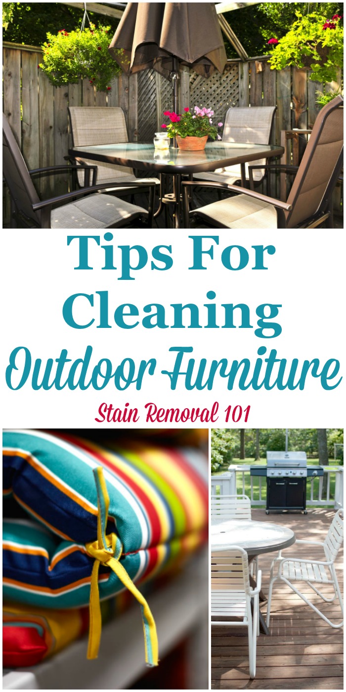 Here are tips for cleaning outdoor furniture, such as on your patio, lawn or in the garden, including tips for cleaning outdoor cushions {on Stain Removal 101} #CleaningTips #CleaningOutdoorFurniture #CleanPatioFurniture