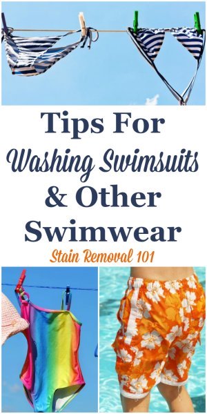 Here are tips for washing swimsuits and other swimwear to keep them looking good, plus how to avoid smelly swimsuits and remove orangish sunscreen stains {on Stain Removal 101} #WashingSwimsuits #LaundryTips #Swimwear