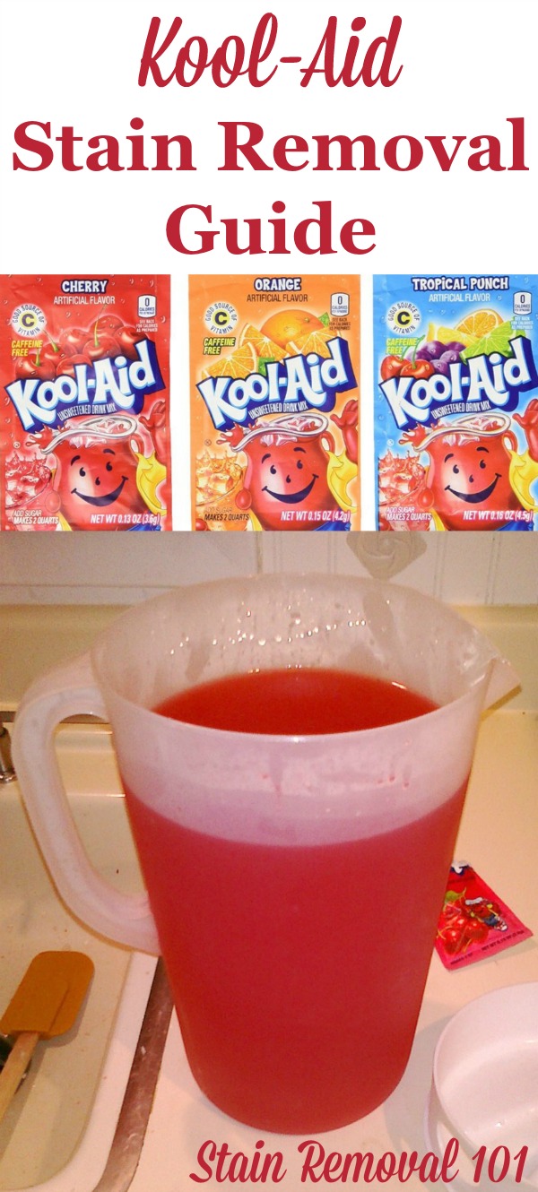 Tips and step by step instructions for removing Kool-Aid stains from clothes, upholstery and carpet {on Stain Removal 101}