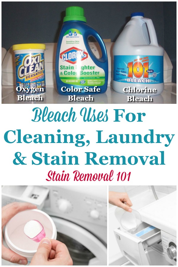 There are many bleach uses in your home, for cleaning, laundry and stain removal, but you need to use the right bleach for the right job. Here is a round up of uses for color, oxygen and chlorine bleach {on Stain Removal 101} #BleachUses #OxygenBleach #ChlorineBleach