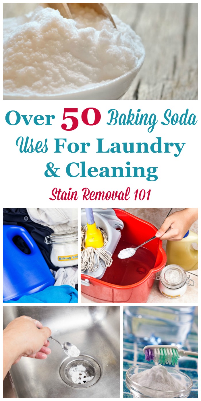 Here is a round up of over 50 baking soda uses for around the home, including for laundry, stain removal and cleaning tips {on Stain Removal 101} #BakingSodaUses #UsesForBakingSoda #BakingSoda