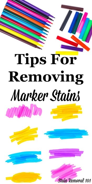 Here is a round up of marker removal stain tips when that marker colors on stuff other than paper, and onto clothing, carpet, walls and more. There are also reviews of various products, discussing how they work in removing these marks {on Stain Removal 101} #StainRemoval #RemoveStains #RemovingStains