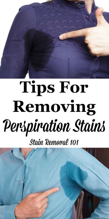 Here is a round up of tips for removing perspiration stains from clothing or other items, including DIY and home remedies for removing sweat stains, as well as stain remover reviews {on Stain Removal 101} #StainRemoval #RemoveStains #RemovingStains