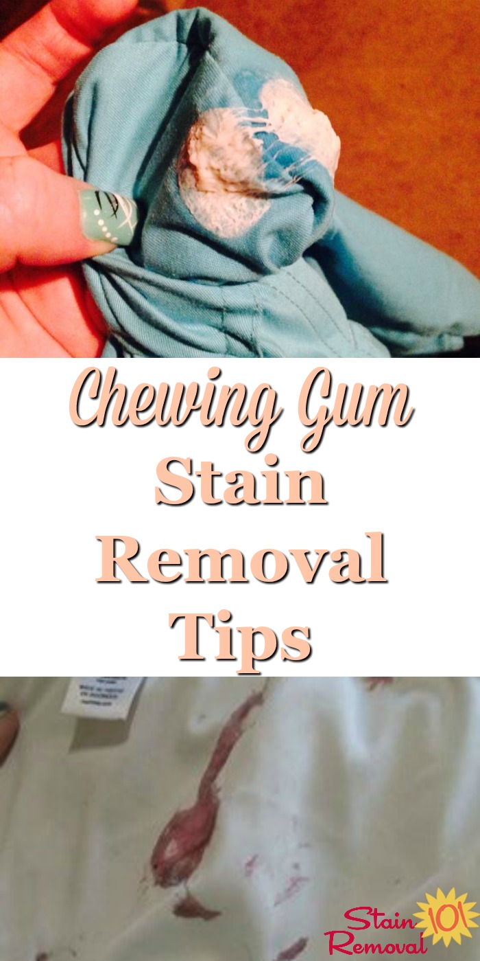 Here is a round up of tips for chewing gum stain removal from clothes, carpet, upholstery, floor, the dryer, wall, hair, and more. There are also reviews of various products, discussing how they work in removing these sticky messes {on Stain Removal 101} #StainRemoval #LaundryTips #GumRemoval