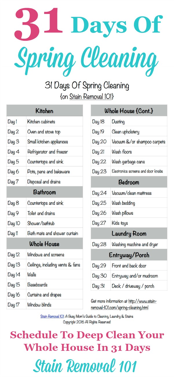 Free #printable 31 Days Of Spring Cleaning schedule, to deep clean your whole home in 31 days {courtesy of Stain Removal 101} #SpringCleaning #Cleaning