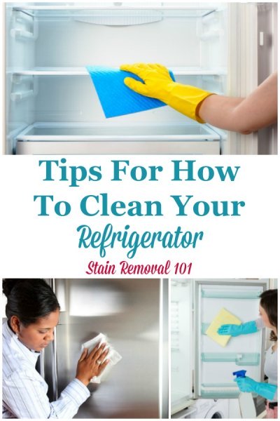 Here is a round up of tips and tricks for how to clean your refrigerator, on the inside and outside, plus remove odors from funky stuff left in there too long {on Stain Removal 101} #CleanRefrigerator #CleaningRefrigerator #RefrigeratorCleaning
