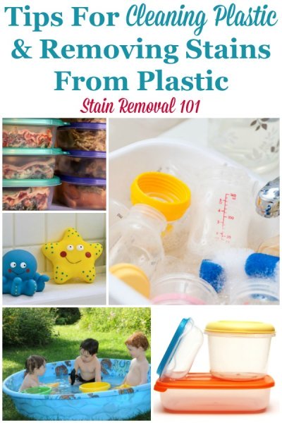 Here is a round up of tips for cleaning plastic surfaces, and also for removing stains from plastic food containers and other items around your home {on Stain Removal 101} #CleaningPlastic #PlasticStains #CleaningTips