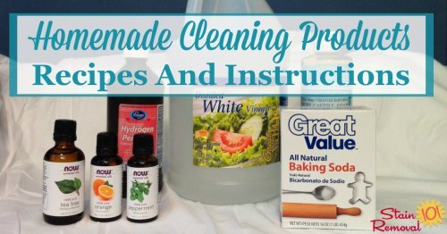 Over 40 homemade cleaning products recipes and instructions, for all around your house, with many types of ingredients, so you can make your own homemade cleaning solutions. {on Stain Removal 101}