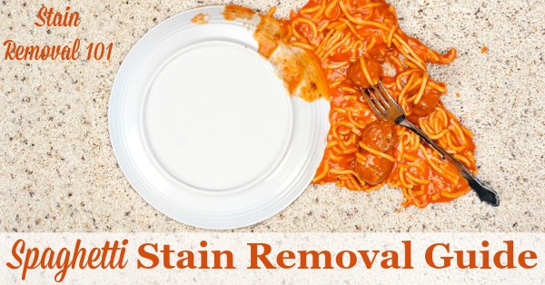 Step by step instructions for how to remove spaghetti stains caused by tomato based sauces, from clothing, upholstery and carpet {on Stain Removal 101}