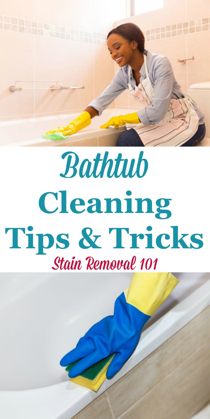 Here is a round up of bathtub cleaning tips for both routine and deep cleaning of your tub, including reviews of which cleaning products work best {on Stain Removal 101} #CleaningTips #CleaningTricks #BathroomCleaning