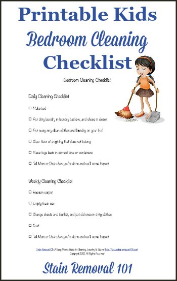 Free printable kids bedroom cleaning checklist so you can set easy to understand expectations for your child, and stop the cleaning wars. {on Stain Removal 101}