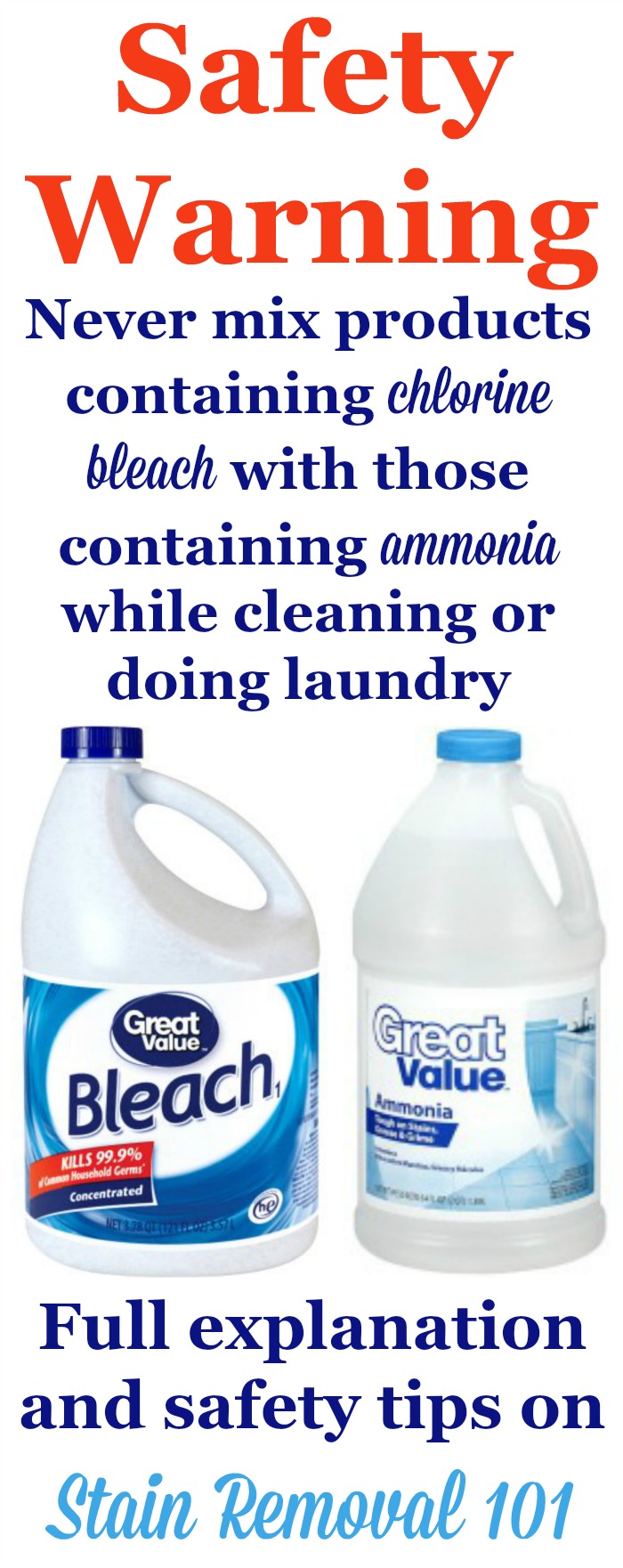 Important safety rule: Don't mix bleach and ammonia -- it can produce toxic poisonous fumes. Full explanation, including ways you might accidentally do this without realizing it, in the article from Stain Removal 101.