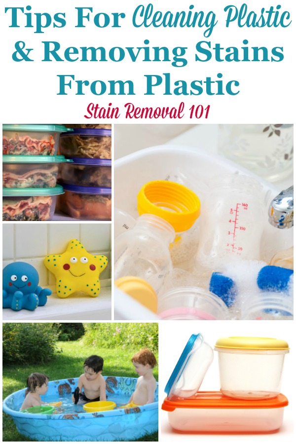 Here is a round up of tips for cleaning plastic surfaces, and also for removing stains from plastic food containers and other items around your home {on Stain Removal 101} #CleaningPlastic #PlasticStains #CleaningTips