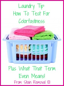 Instructions for how to test for colorfastness when using both chlorine bleach and other laundry supplies and stain removers. {on Stain Removal 101}