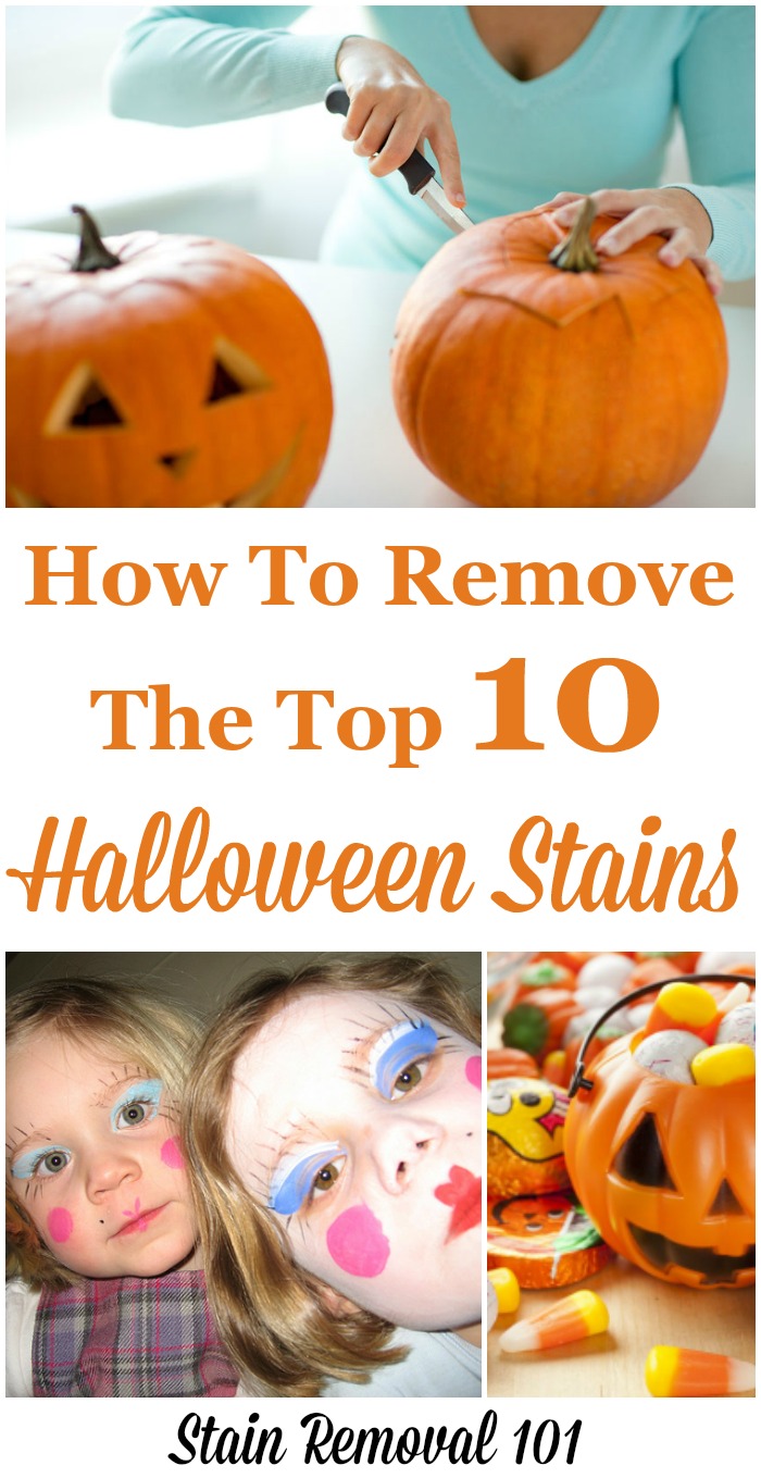 How to remove the top 10 types of Halloween stains, so after trick or treating you're prepared to clean up the mess. {on Stain Removal 101}