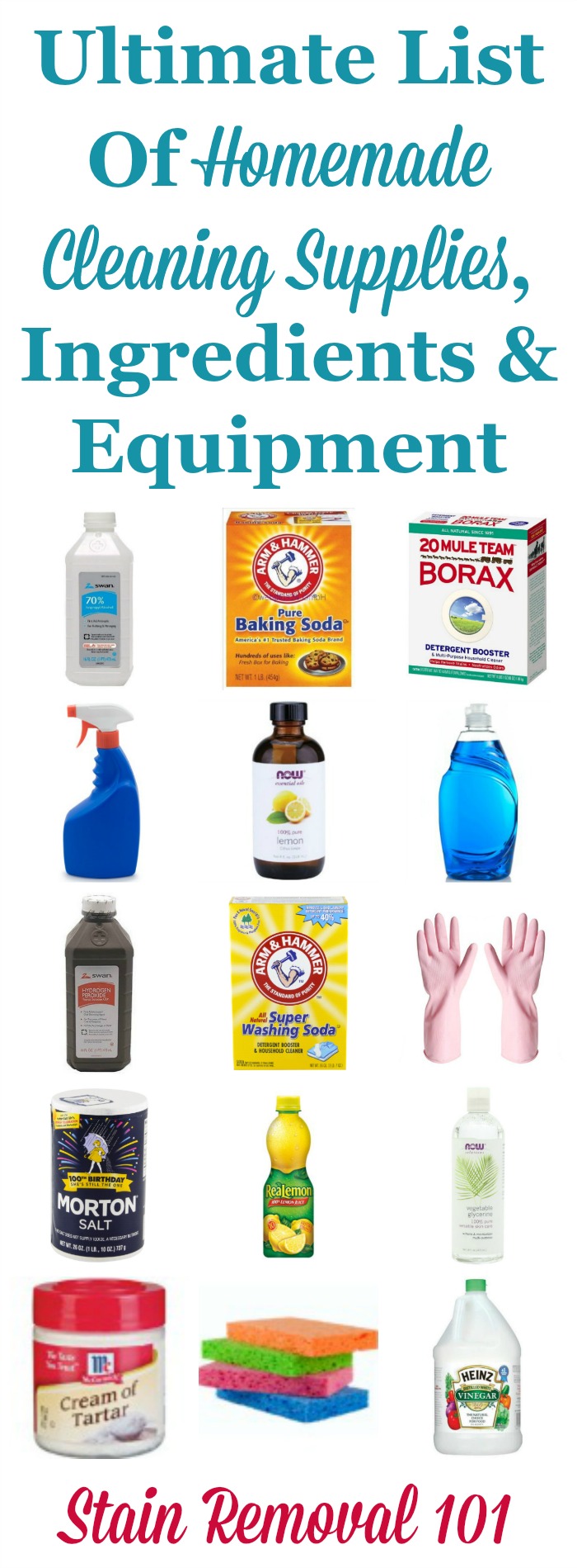 The ultimate list of homemade cleaning supplies, ingredients and equipment needed to make all of your own cleaning products, plus information on how to use them {on Stain Removal 101}