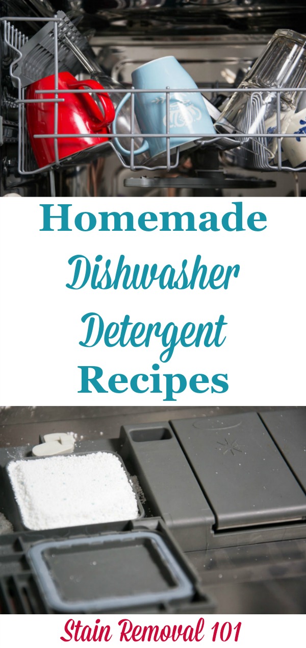 2 homemade dishwasher detergent recipes which contain natural ingredients, including a heavier duty recipe, and one for harder water {on Stain Removal 101}