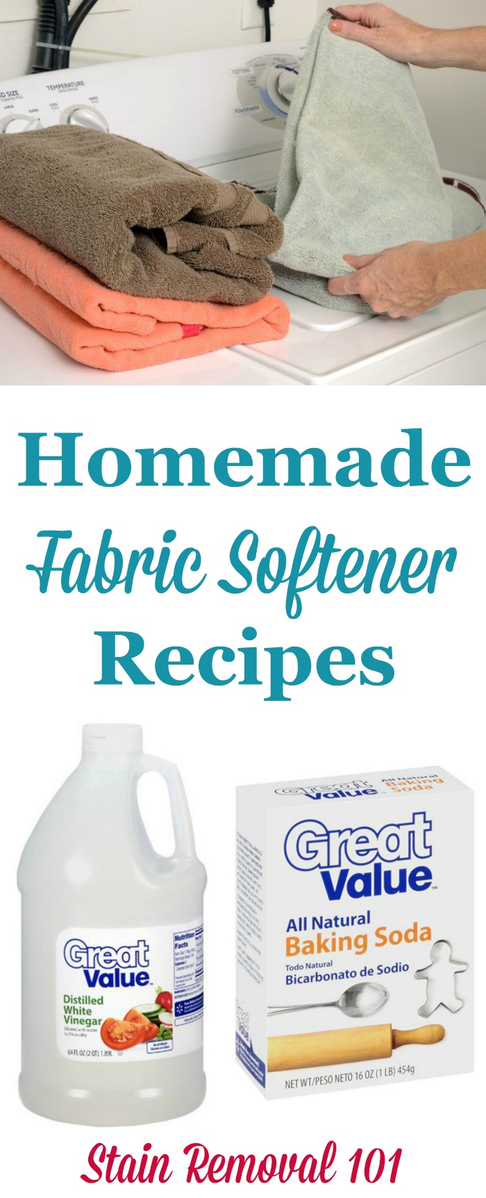 Two homemade fabric softener recipes which are natural and frugal, one of which is for your washing machine, and another for your dryer {on Stain Removal 101}