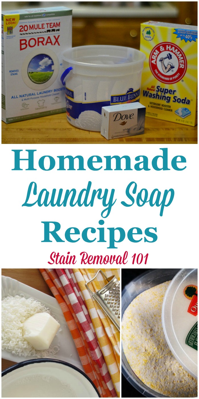 Here is a round up of recipes for homemade laundry soap, including both liquid and powdered varieties, using many different ingredients, plus tips for making and using it in your home {on Stain Removal 101} #HomemadeLaundrySoap #HomemadeLaundryDetergent #LaundryDetergentRecipes