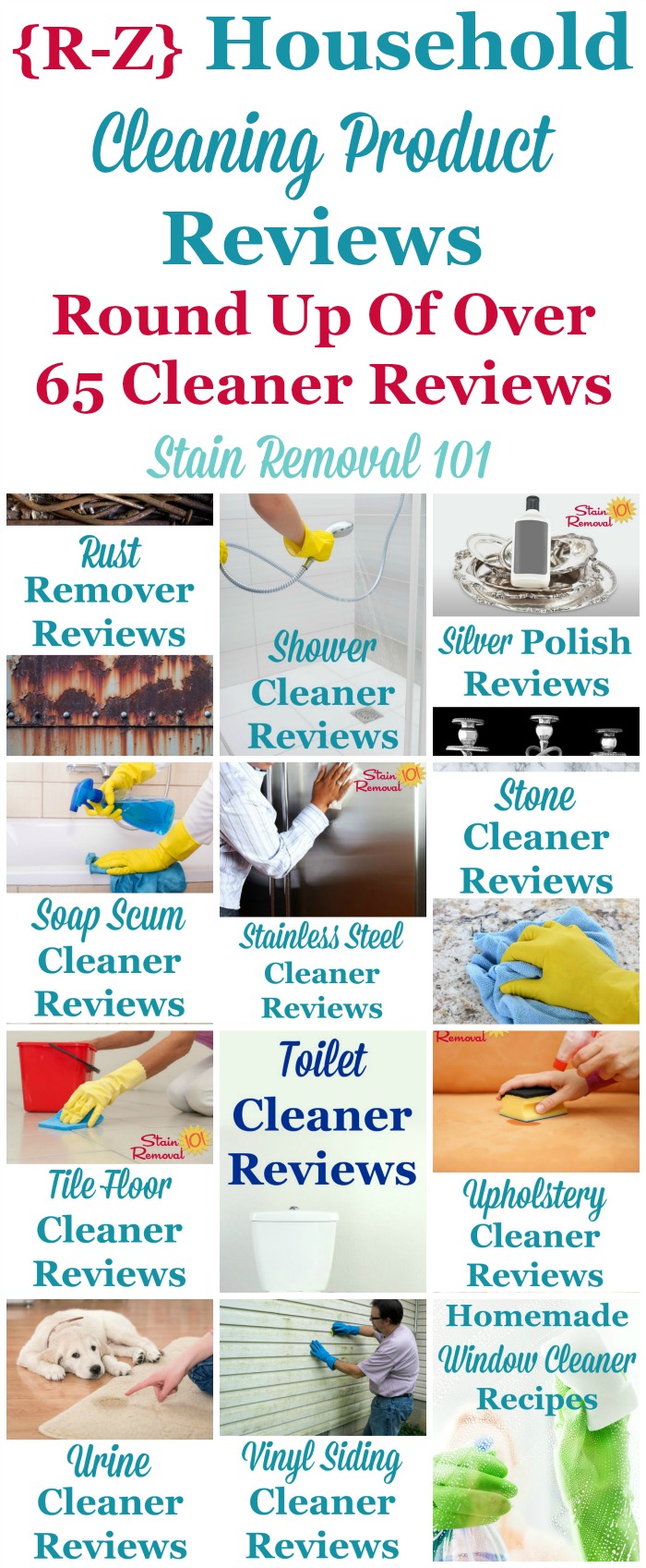 Here is a one of the most comprehensive round ups you'll find on the Internet for free, with over 65 household cleaning products reviews, reviewed by Taylor from Stain Removal 101, or other readers from the site, beginning with the letters R - Z, so you can find the best household cleaners for your home (plus other pages on the site have the letters A through Q, there are just that many reviews!) {on Stain Removal 101}