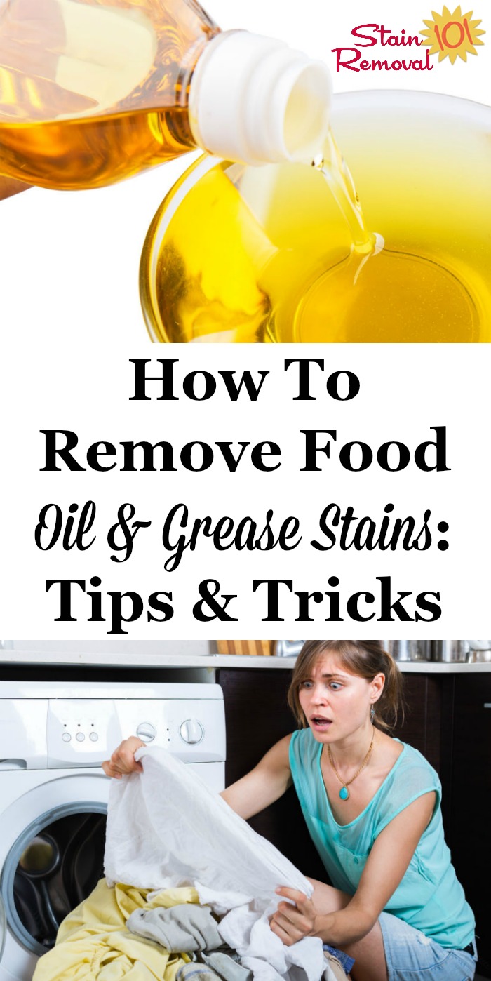 Here is a round up of tips for how to remove oil stains caused by food grease from clothing, upholstery, carpet, and other items in your home. There is also reviews of various grease stain removers, and how they worked {on Stain Removal 101} #StainRemoval #RemovingStains #RemoveStains