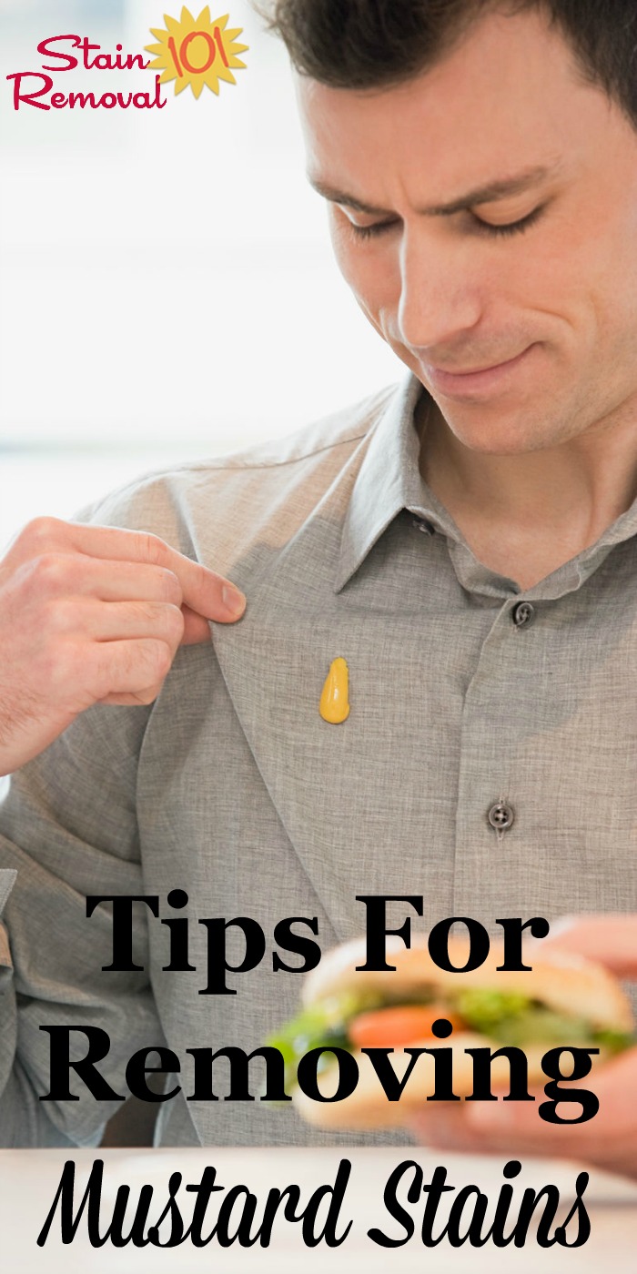 Here is a round up of tips for removing mustard stains from many types of surfaces, including reviews of various mustard stain remover products {on Stain Removal 101} #StainRemoval #RemovingStains #RemoveStains