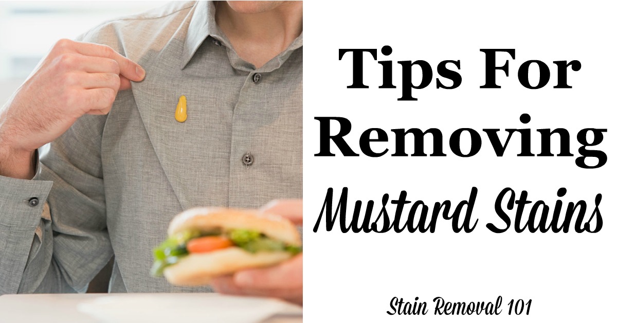 Here is a round up of tips for removing mustard stains from many types of surfaces, including reviews of various mustard stain remover products {on Stain Removal 101} #StainRemoval #RemovingStains #RemoveStains