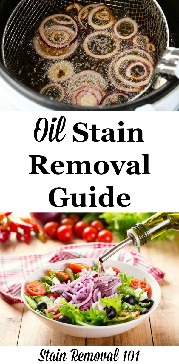 Oil stain removal guide to remove oily food stains from clothing, upholstery and carpet {on Stain Removal 101} #OilStainRemoval #OilStains #StainRemovalGuide