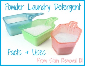 Guide to using powder laundry detergent, including the stains that it works better on than the liquid versions {on Stain Removal 101}