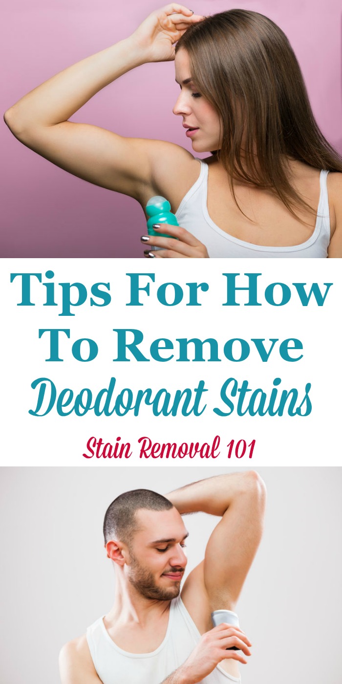 Here is a round up of tips for how to remove deodorant stains from clothes and other fabric, including both DIY methods and reviews of various products for the task {on Stain Removal 101} #StainRemoval #RemoveStains #RemovingStains