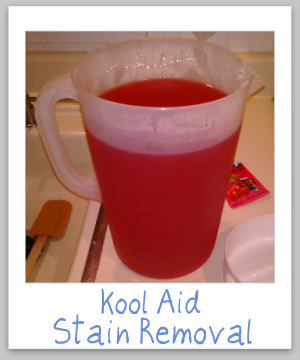 Tips and step by step instructions for removing Kool-Aid stains from clothes, upholstery and carpet {on Stain Removal 101}