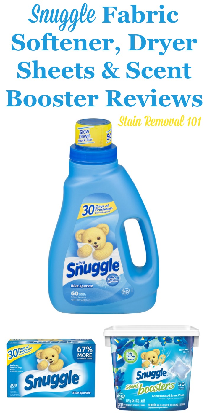 Here is a comprehensive guide about Snuggle fabric softener, dryer sheets and scent boosters, including reviews and ratings of this brand of laundry supply for many different scents and varieties {on Stain Removal 101}