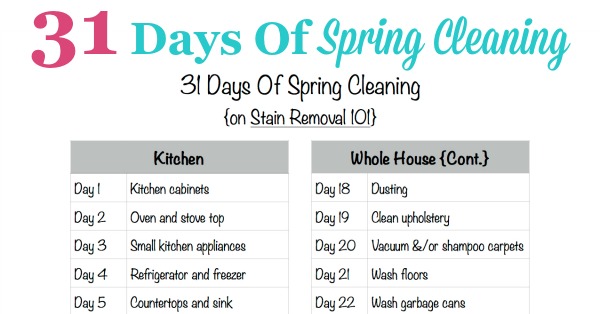 Free #printable 31 Days Of Spring Cleaning schedule, to deep clean your whole home in 31 days {courtesy of Stain Removal 101} #SpringCleaning #Cleaning