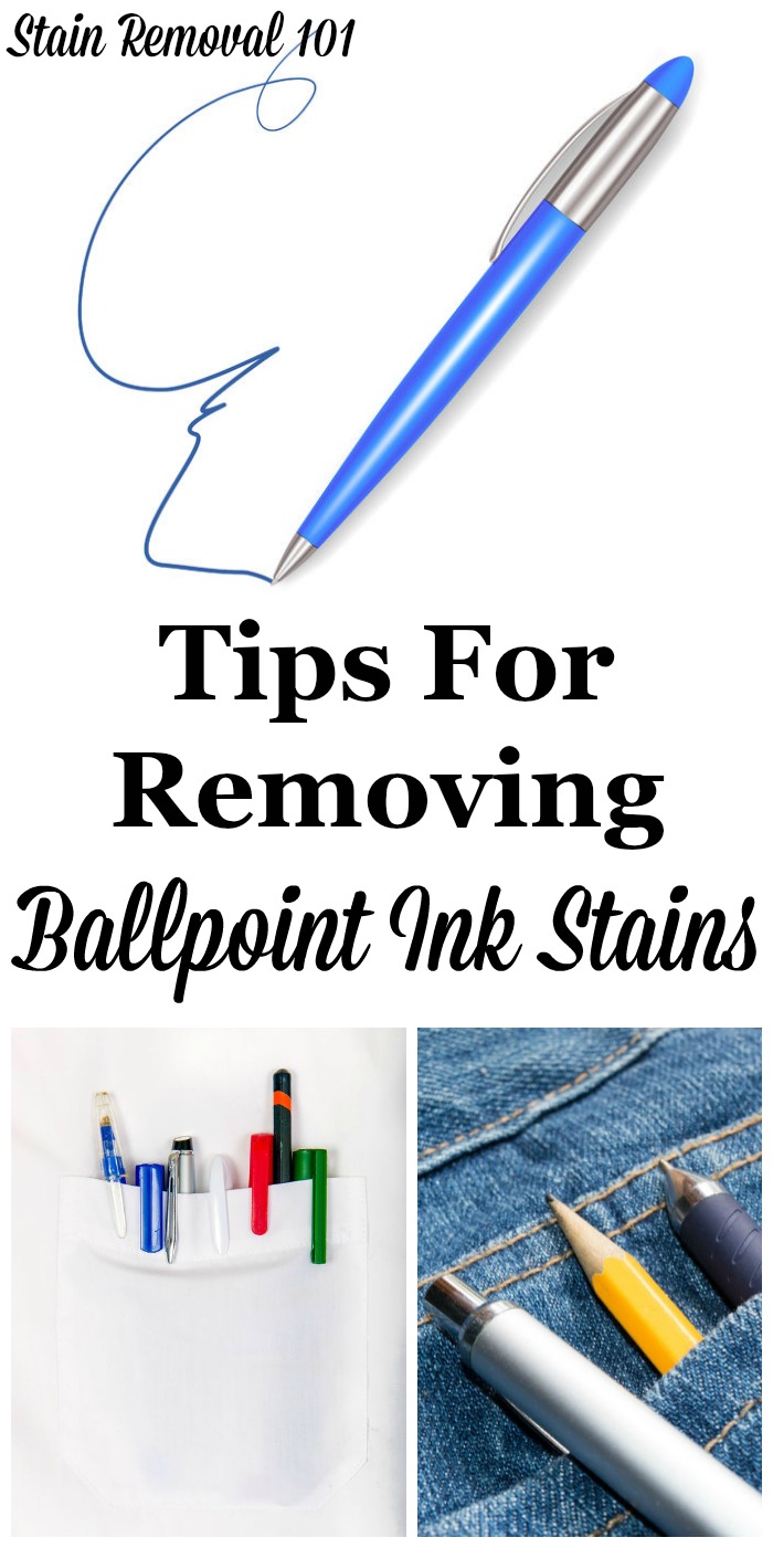 Here is a round up of stain removal ballpoint ink tips, with ideas from how to remove pen marks from all types of surfaces, including fabric, hard surfaces and even skin {on Stain Removal 101} #StainRemoval #InkStains #PenStains