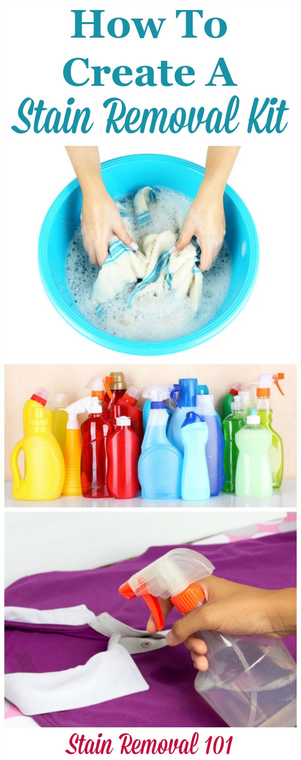 How to create a stain removal kit, including a list of what you should put in it, to keep in your laundry room or wherever in your home you do laundry {on Stain Removal 101} #StainRemoval #StainRemovers #LaundryRoomOrganization