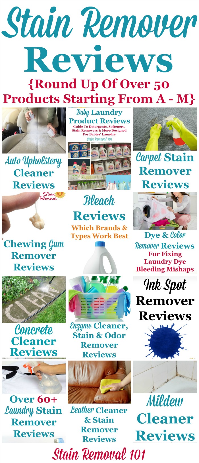 Here is a round up of over 50 stain remover reviews, for products from A through M in the alphabet, to find out which products work best, and which don't {on Stain Removal 101} #StainRemover #SpotRemover #StainRemovers