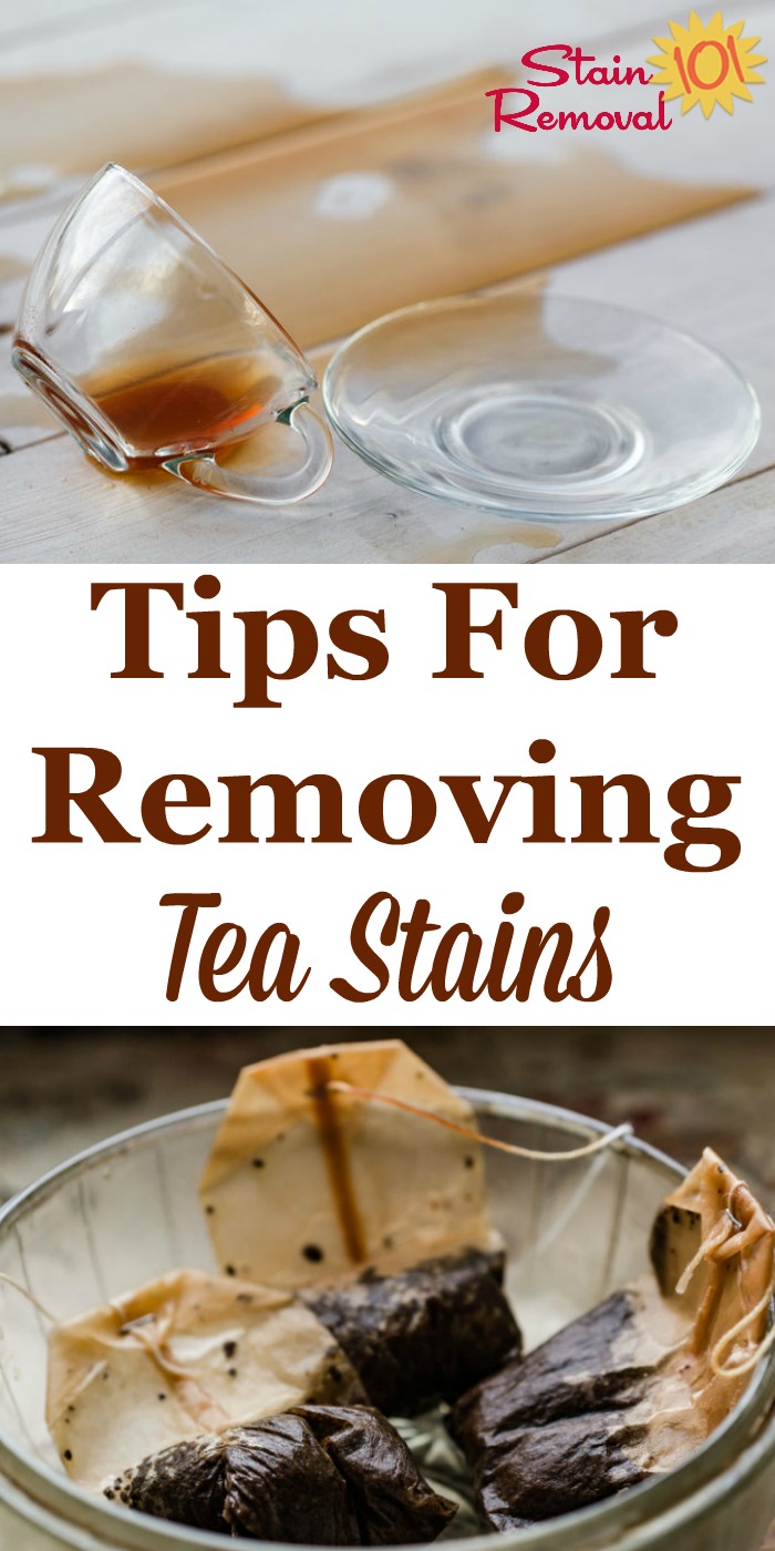 Here is a round up of tips for how to remove a tea stain from many types of surfaces, including fibers and hard surfaces, as well as stain remover recommendations and reviews {on Stain Removal 101} #TeaStainRemoval #StainRemoval #RemovingStains