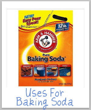 List of lots of uses for baking soda around your home, for cleaning, stain removal, laundry, odor removal, and more {on Stain Removal 101}