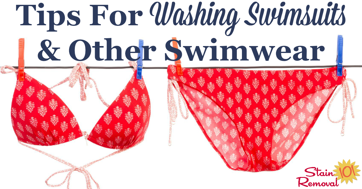 Here are tips for washing swimsuits and other swimwear to keep them looking good, plus how to avoid smelly swimsuits and remove orangish sunscreen stains {on Stain Removal 101} #WashingSwimsuits #LaundryTips #Swimwear